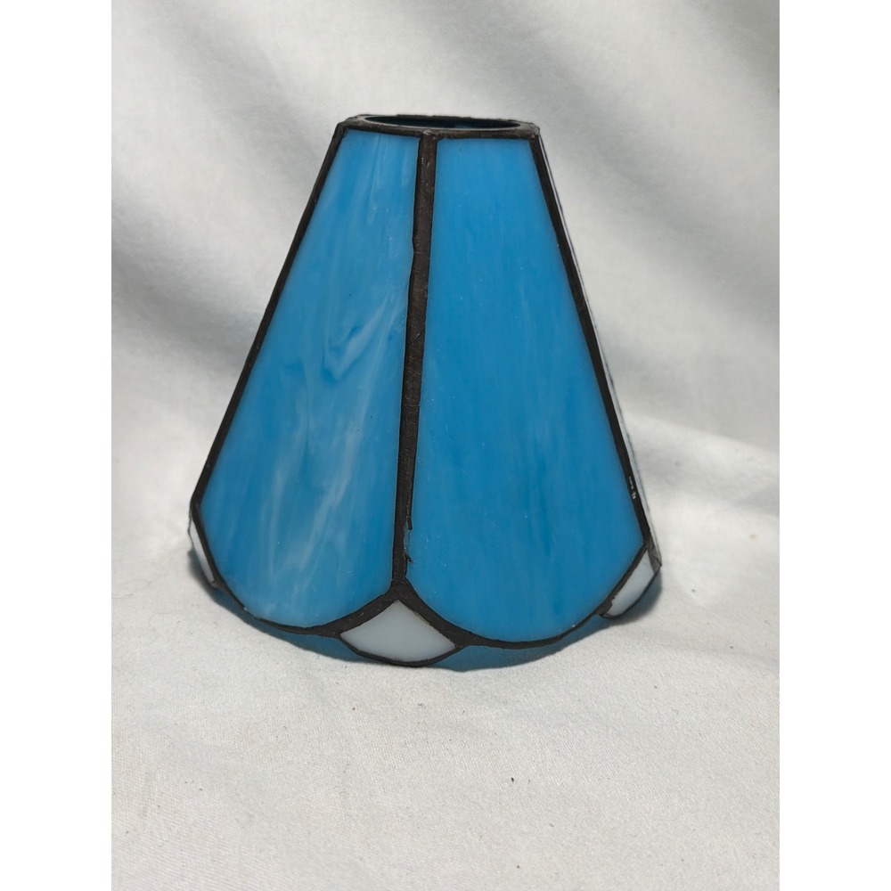 Vintage Blue Slag Stained Glass Lamp Shade Leaded Scalloped Edge Accent Light